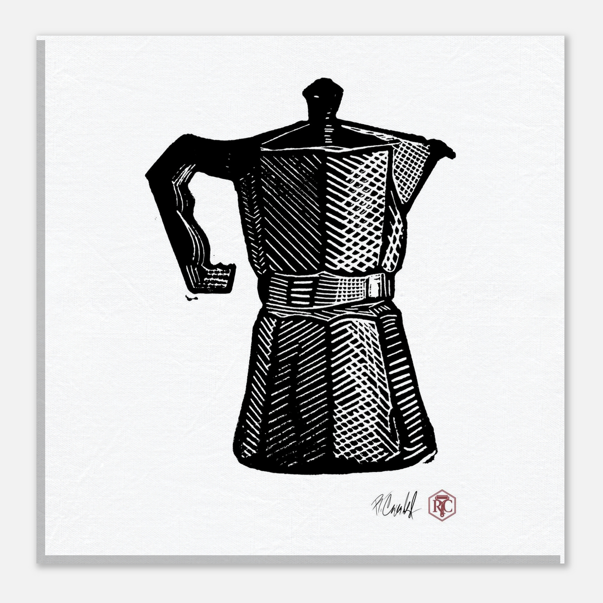Canvas print 20 × 20 cm with the linocut “Moka Pot” – front view