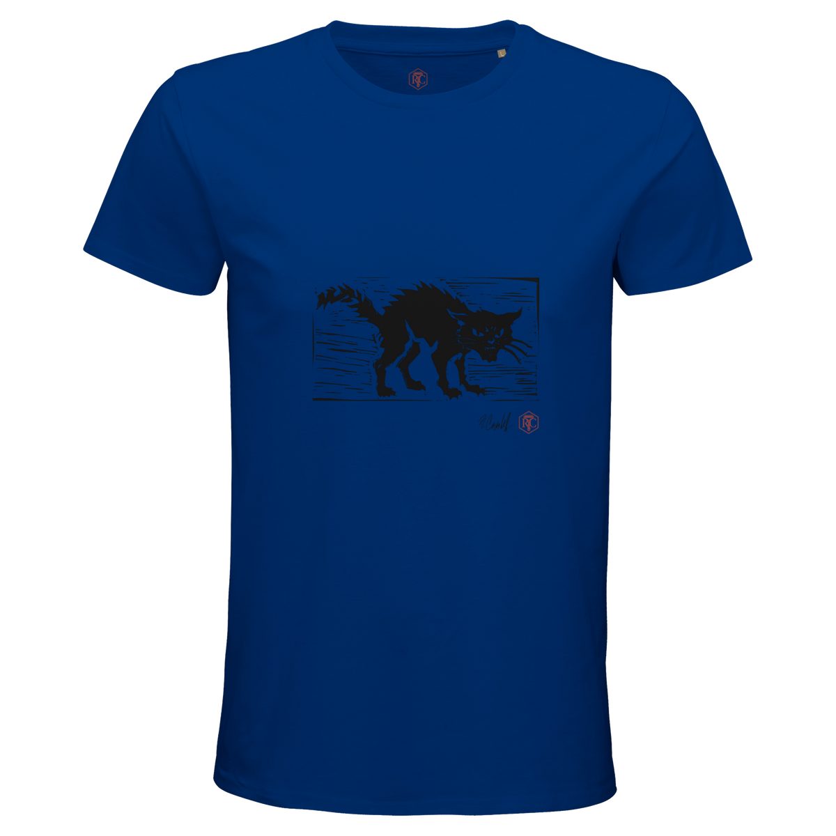 Organic cotton T-shirt with the linocut “Cat” – royal blue, men’s cut