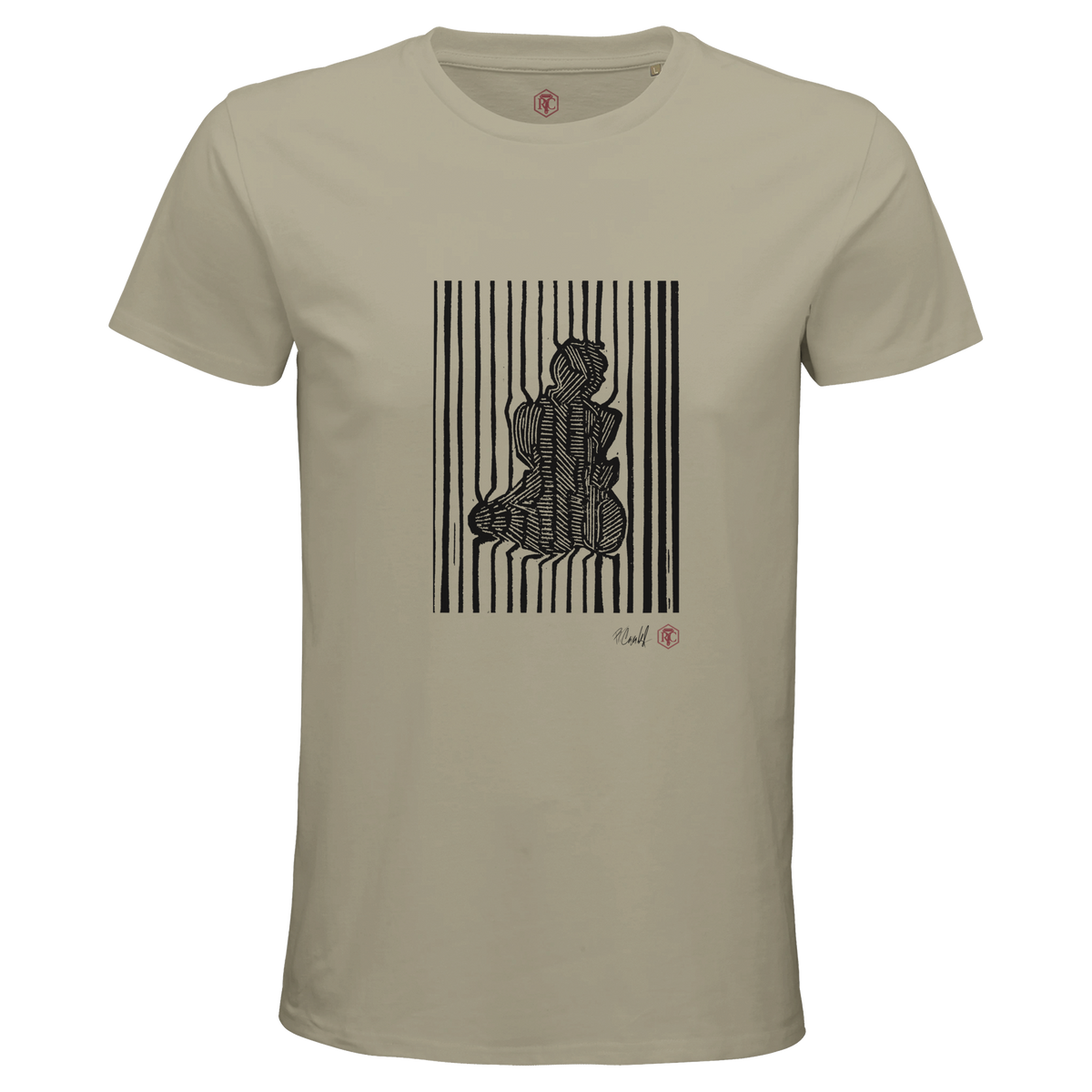 Organic cotton T-shirt with the linocut “Stripes” – sand, men’s cut