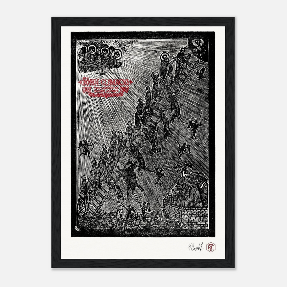 Framed art print, black wooden frame, linocut “The Ladder” – front view