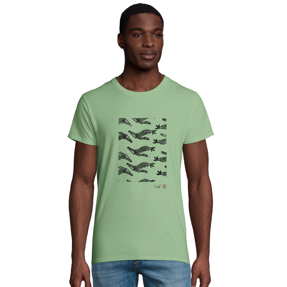 Model wearing T-shirt “Claws”, apple green, men’s cut – front view