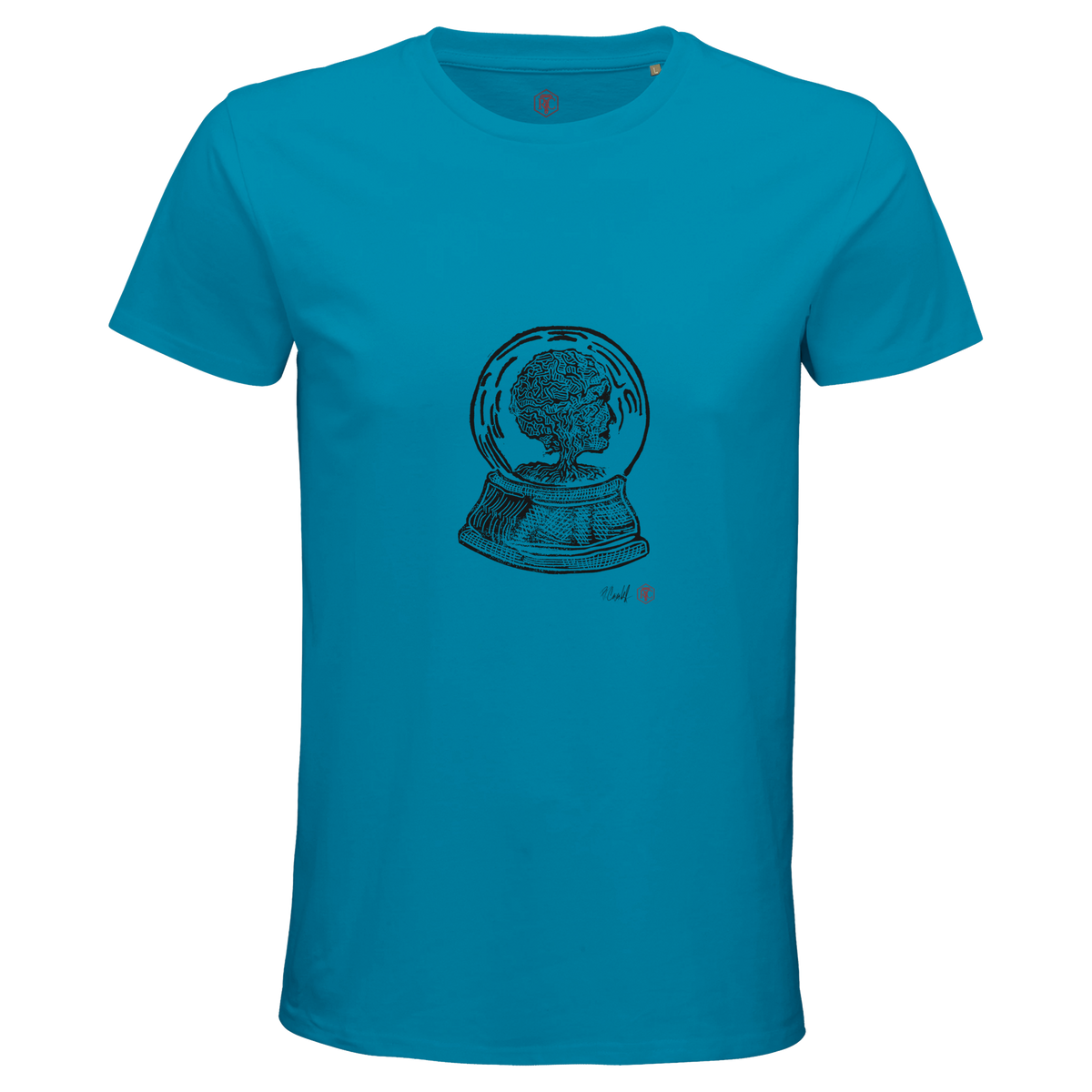 Organic cotton T-shirt with the linocut “Snow Globe Tree” – aqua, men’s cut