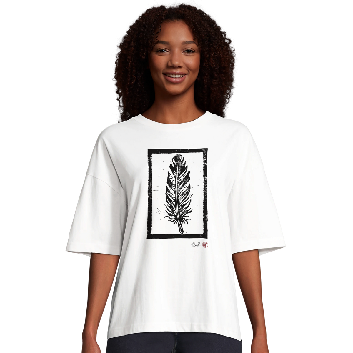 Model wearing T-shirt “Feather”, white, women’s cut – front view