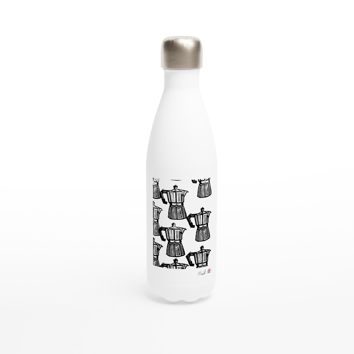 Stainless steel bottle with the linocut “Moka” – view 1
