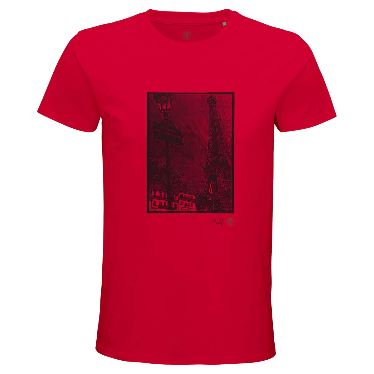 Organic cotton T-shirt with the linocut “Esplanade, Paris” – red, men’s cut