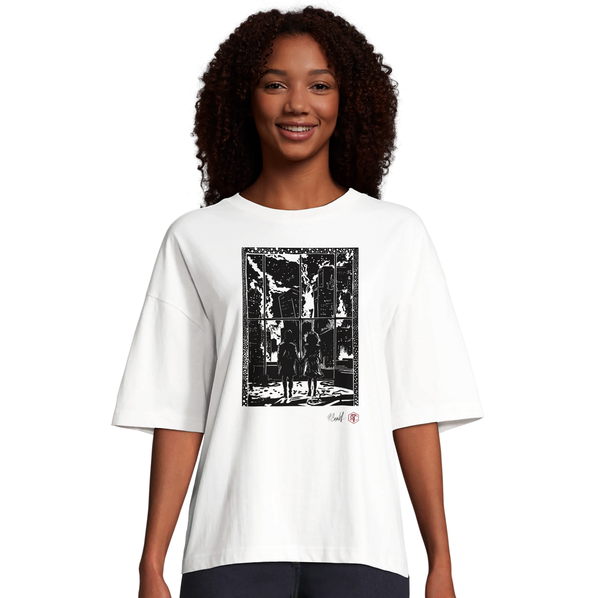 Model wearing T-shirt “The Window”, white, women’s cut – front view