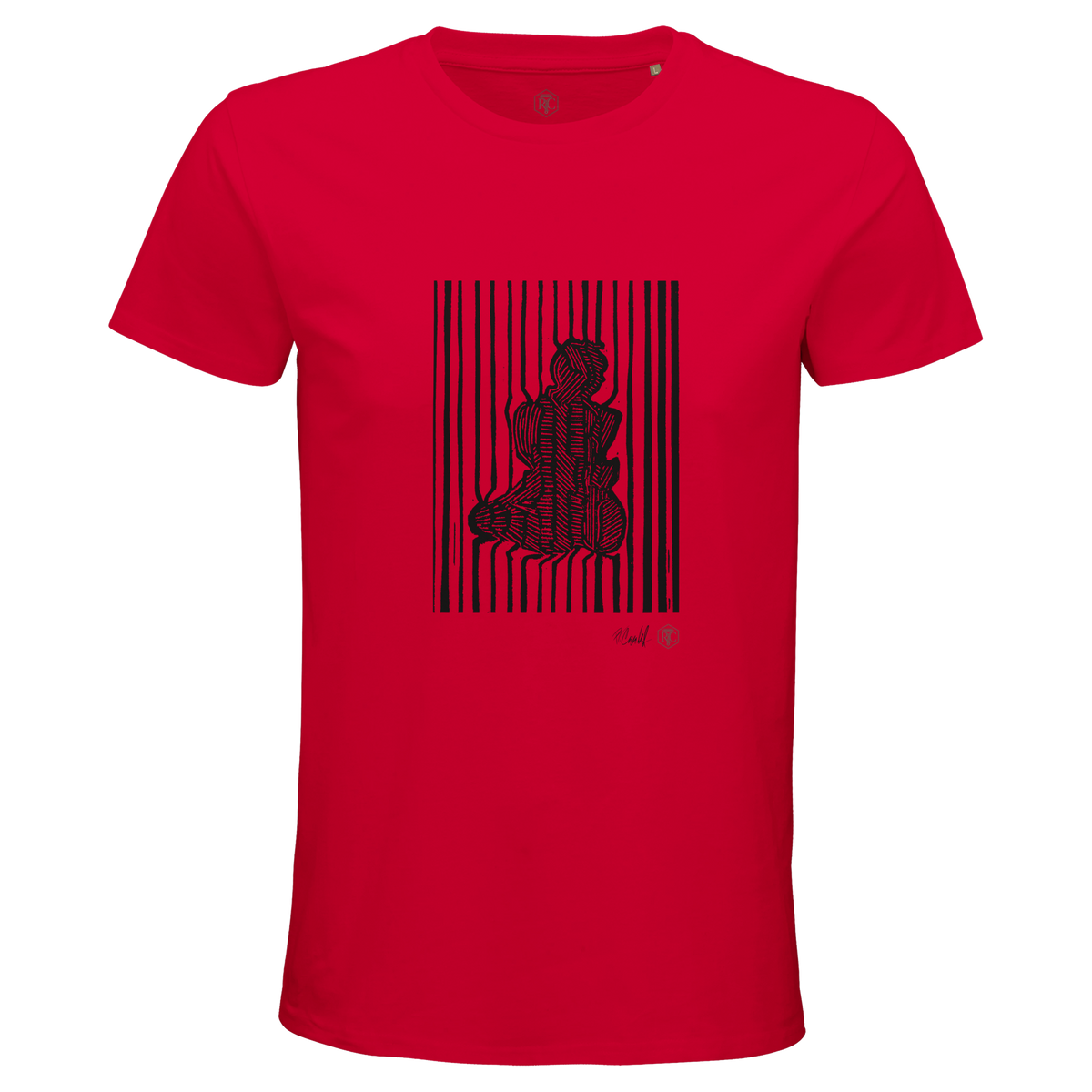Organic cotton T-shirt with the linocut “Stripes” – red, men’s cut