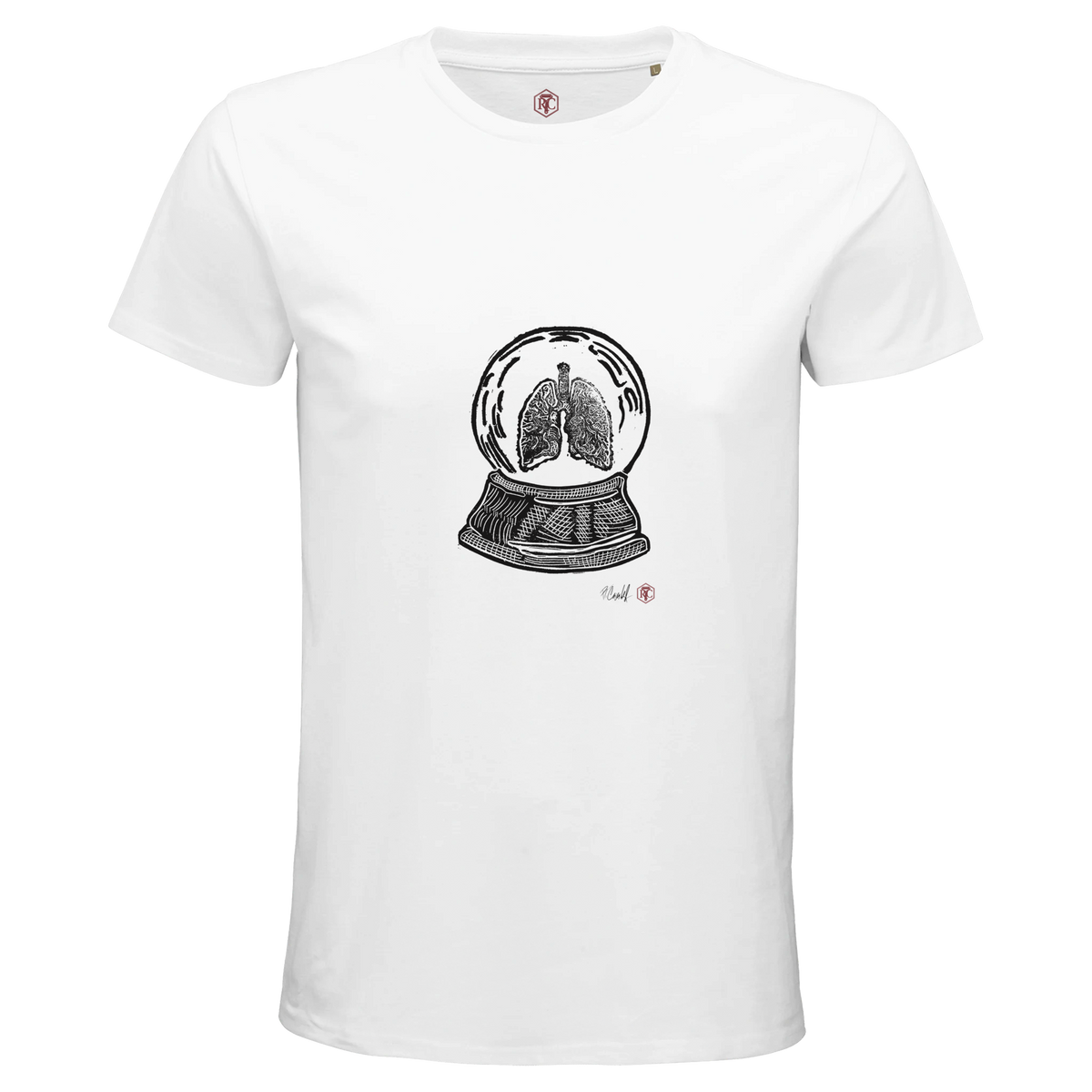 Organic cotton T-shirt with the linocut “Snow Globe Lungs” – white, men’s cut
