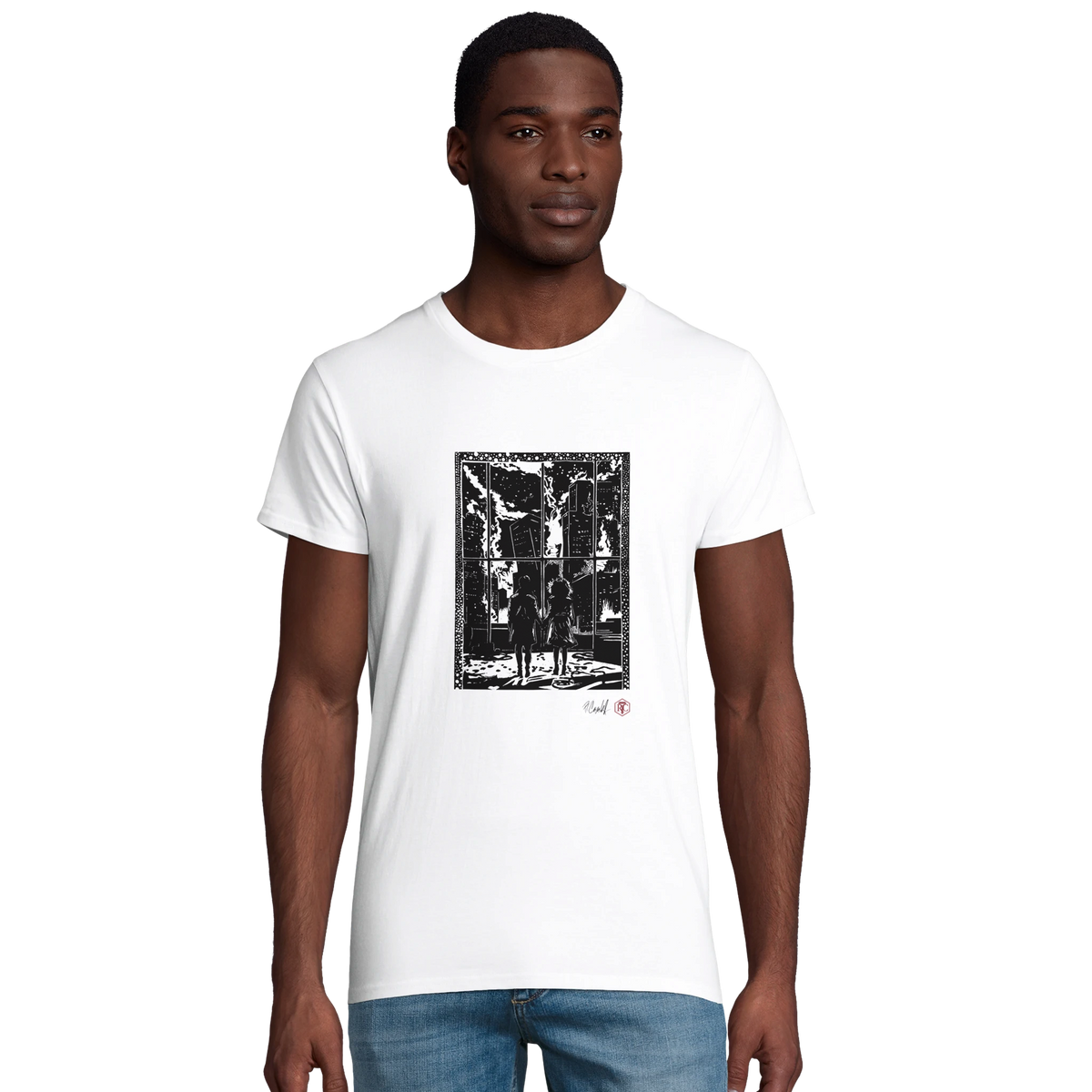 Model wearing T-shirt “The Window”, white, men’s cut – front view