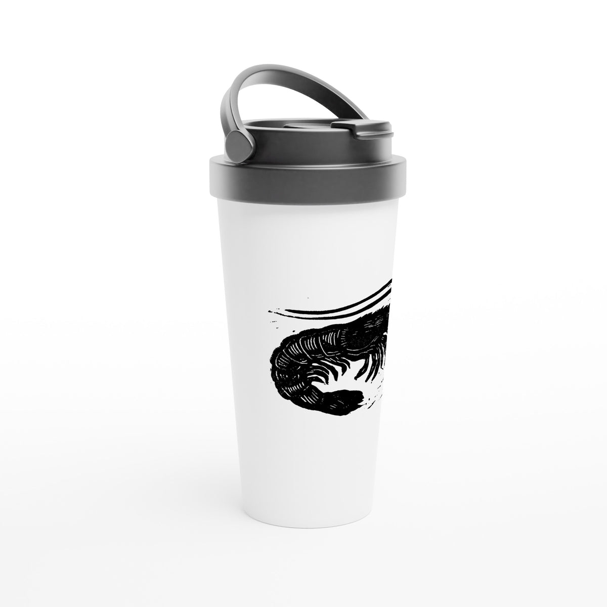 Stainless steel travel mug with the linocut “Shrimp” – view 2