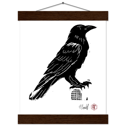 Poster 20 × 25 cm with wooden hanger, linocut “Raven” – front view
