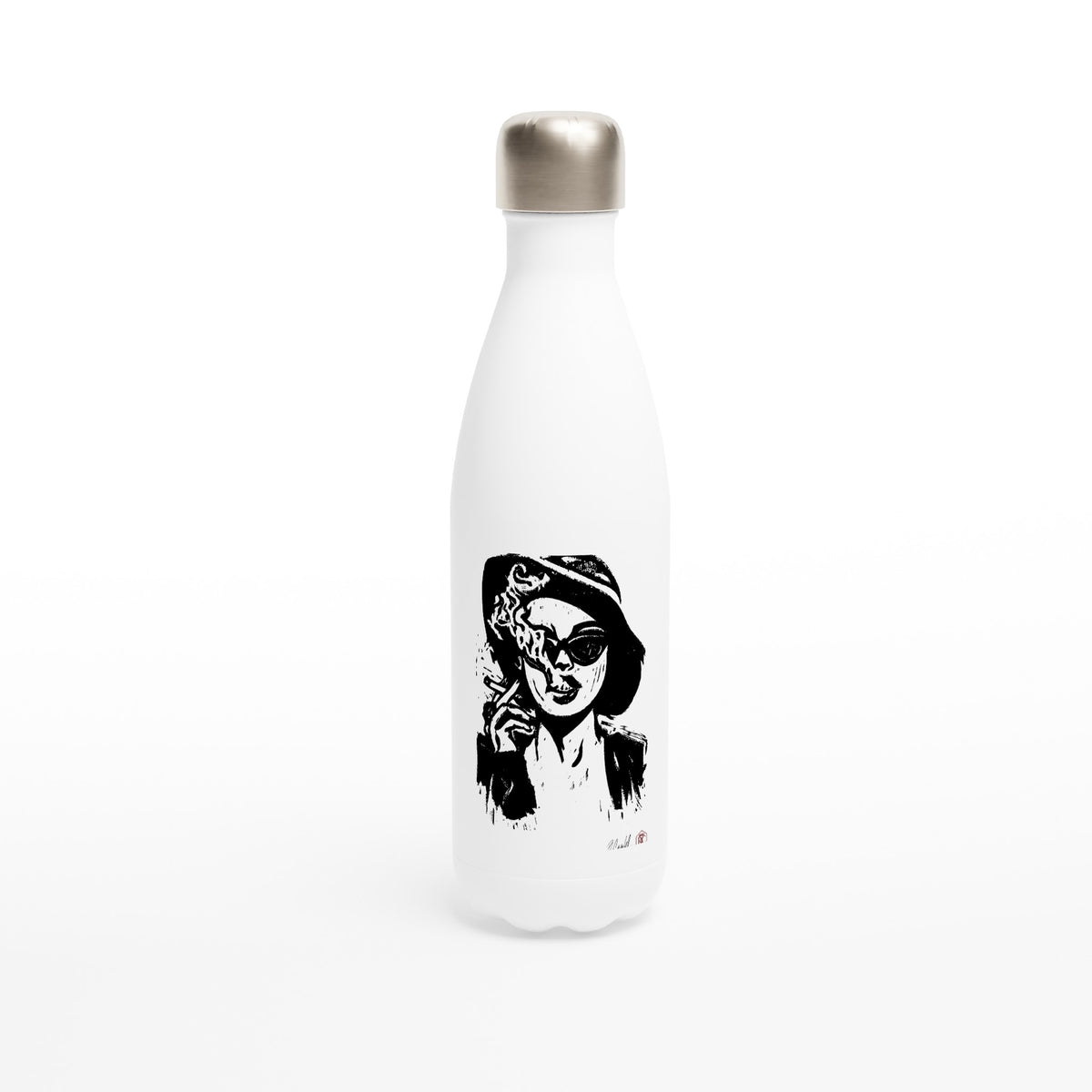 Stainless steel bottle with the linocut “Smoke” – view 1