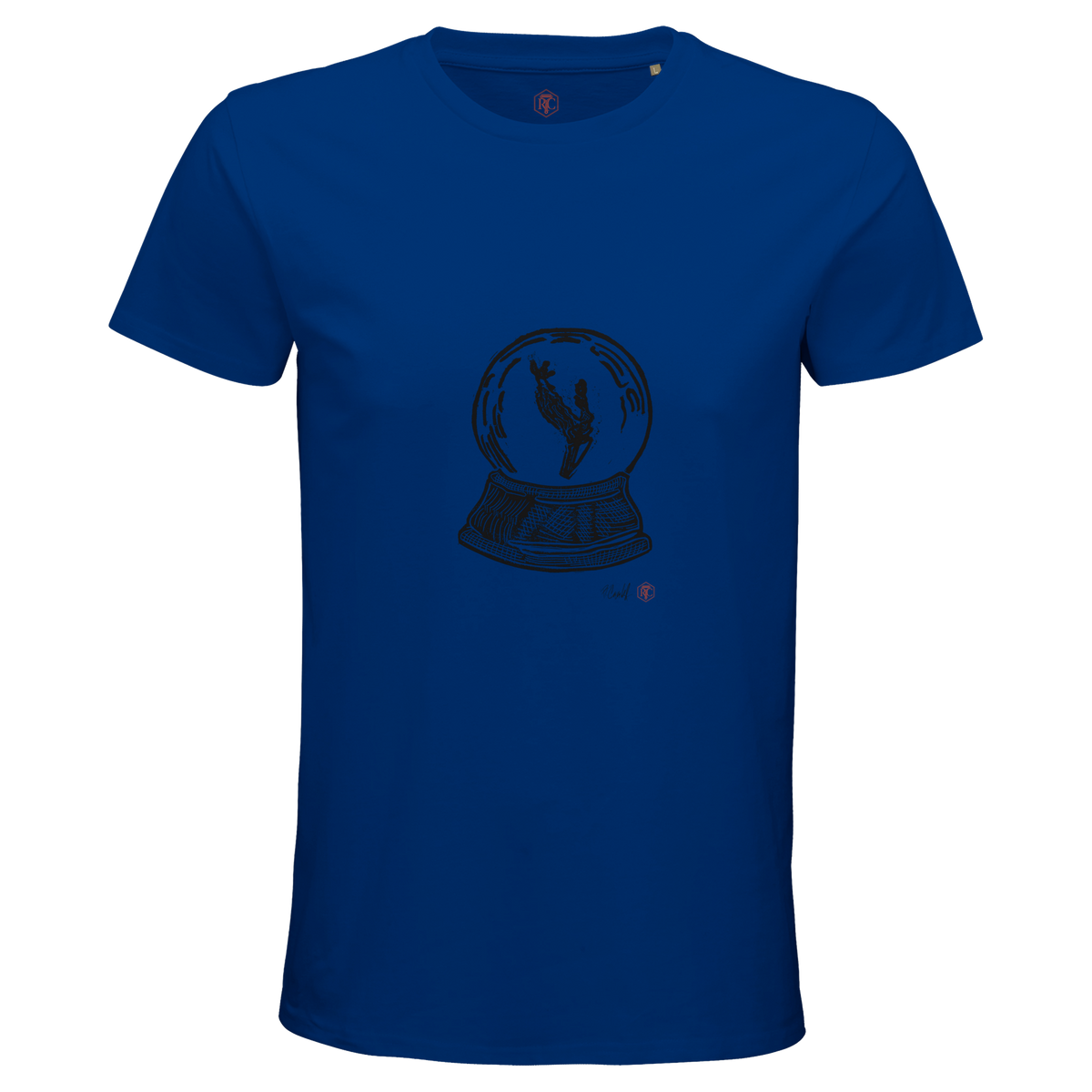 Organic cotton T-shirt with the linocut “Snow Globe Branch” – royal blue, men’s cut