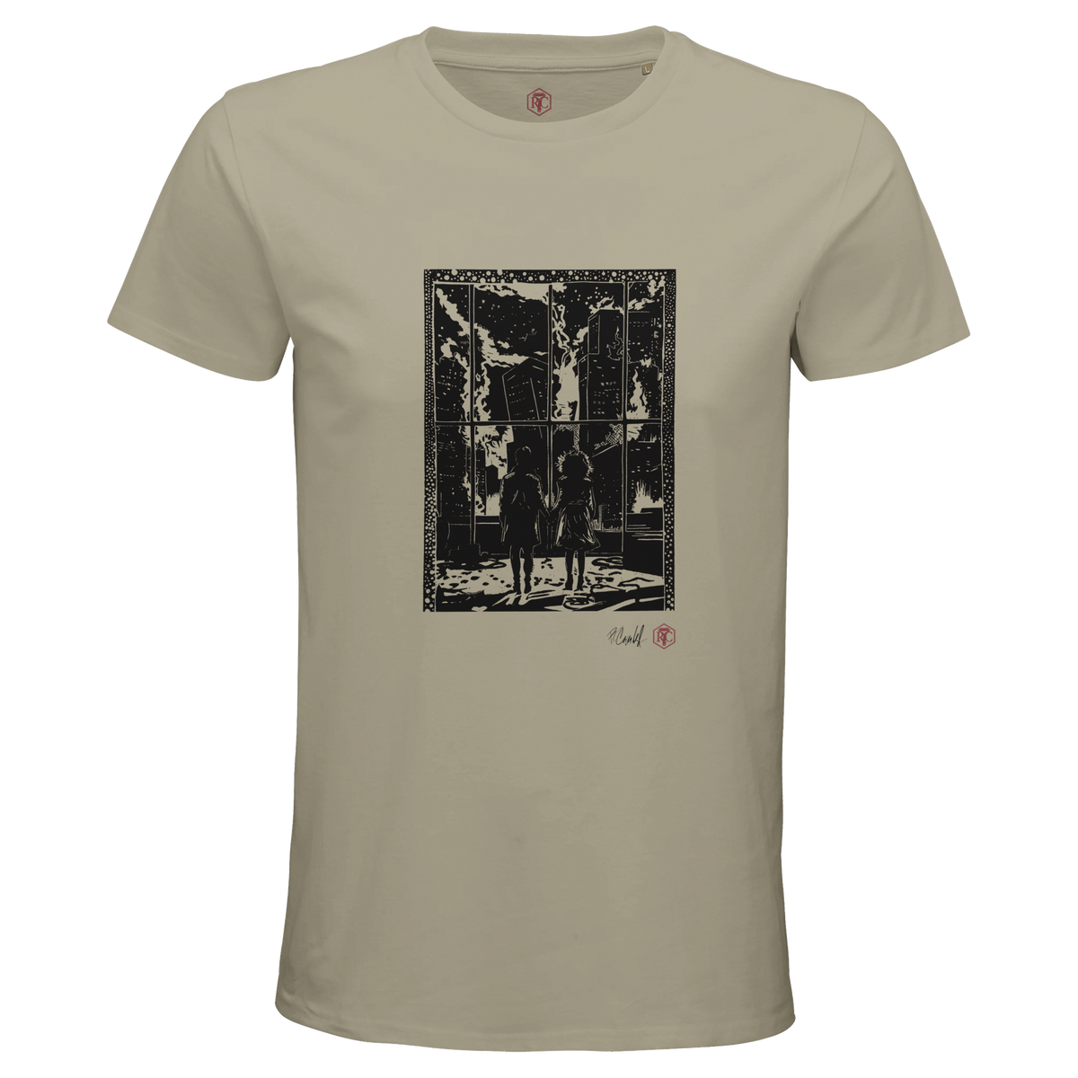 Organic cotton T-shirt with the linocut “The Window” – sand, men’s cut