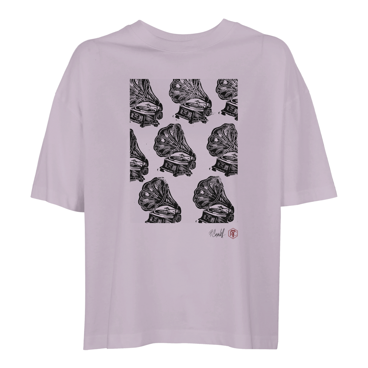 Organic cotton T-shirt with the linocut “Gramophones” – lilac, women’s cut