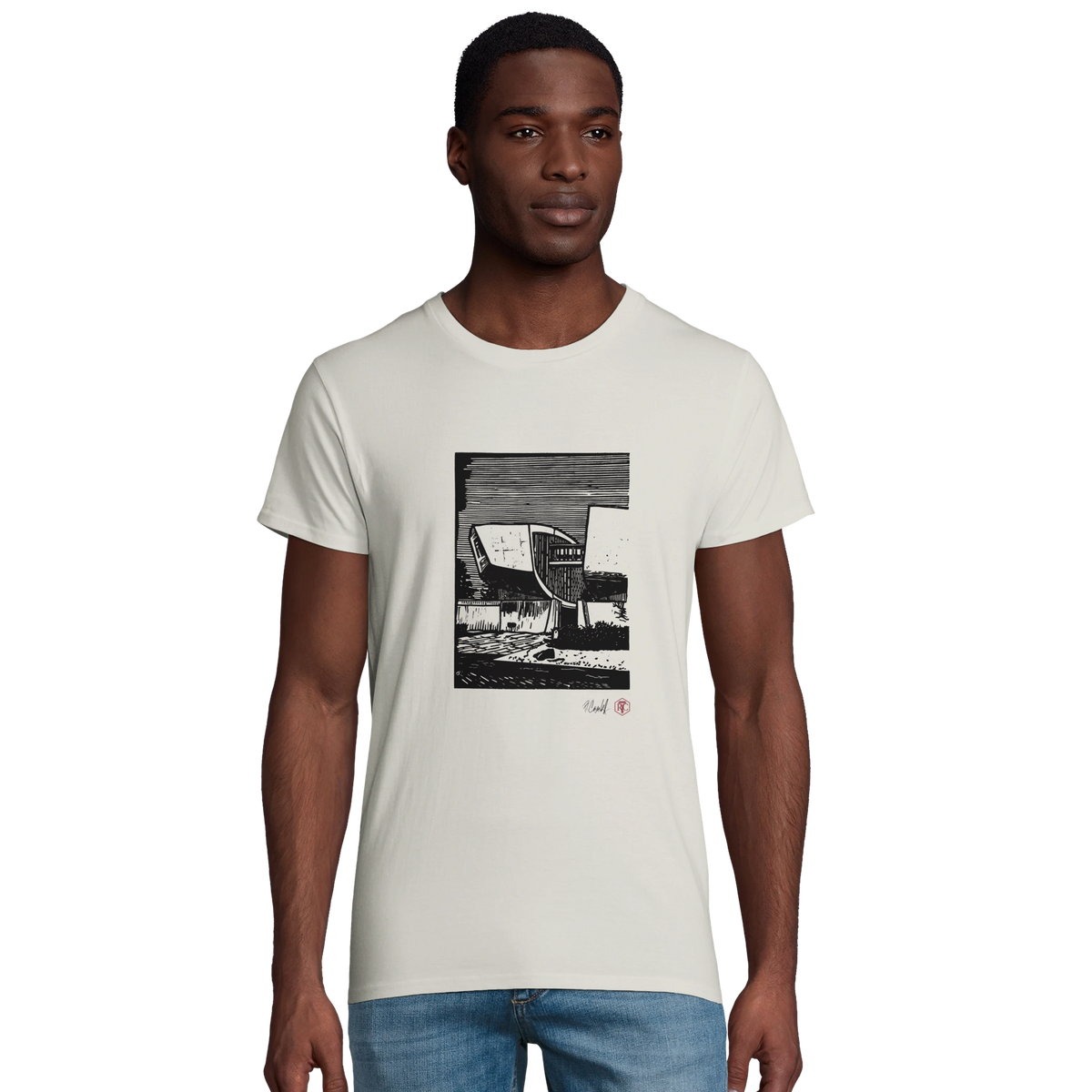 Model wearing T-shirt “SNP”, ash grey, men’s cut – front view