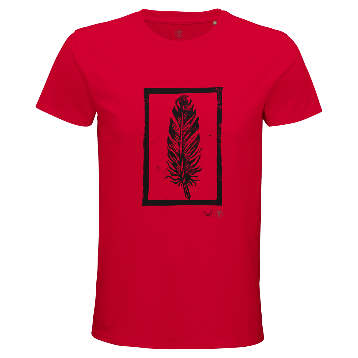 Organic cotton T-shirt with the linocut “Feather” – red, men’s cut