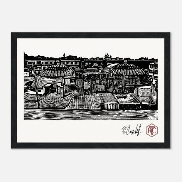 Framed art print, black wooden frame, linocut “The Domes” – front view