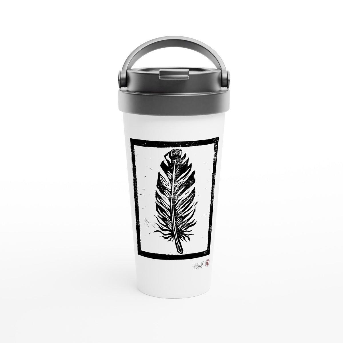 Stainless steel travel mug with the linocut “Feather” – view 1