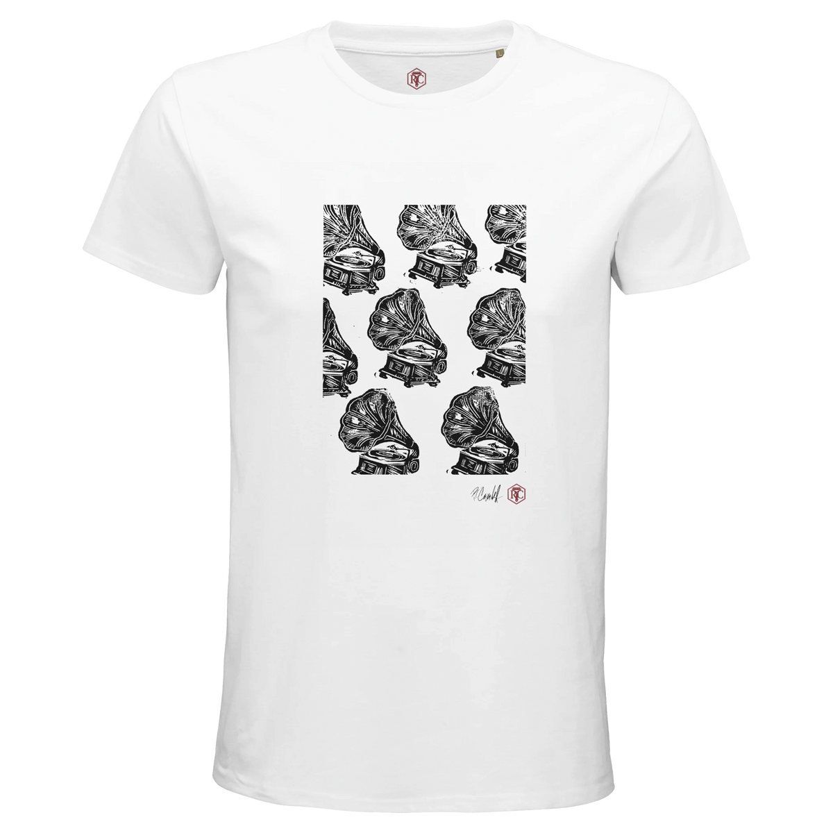 Organic cotton T-shirt with the linocut “Gramophones” – white, men’s cut