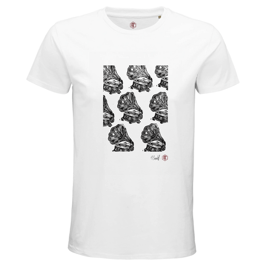 Organic cotton T-shirt with the linocut “Gramophones” – white, men’s cut