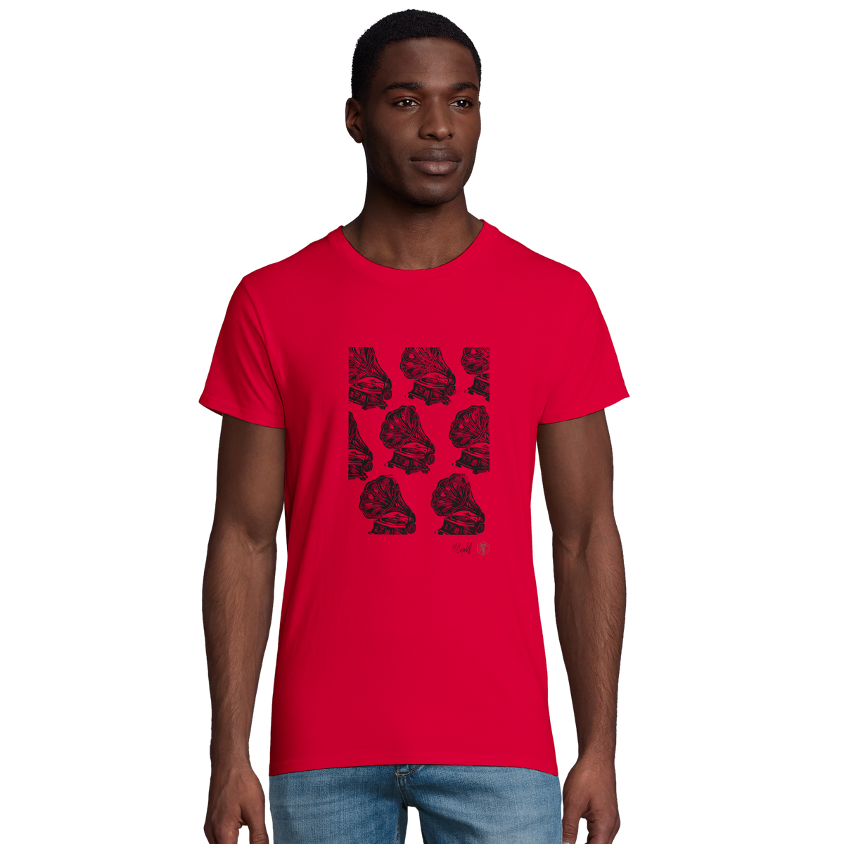 Model wearing T-shirt “Gramophones”, red, men’s cut – front view