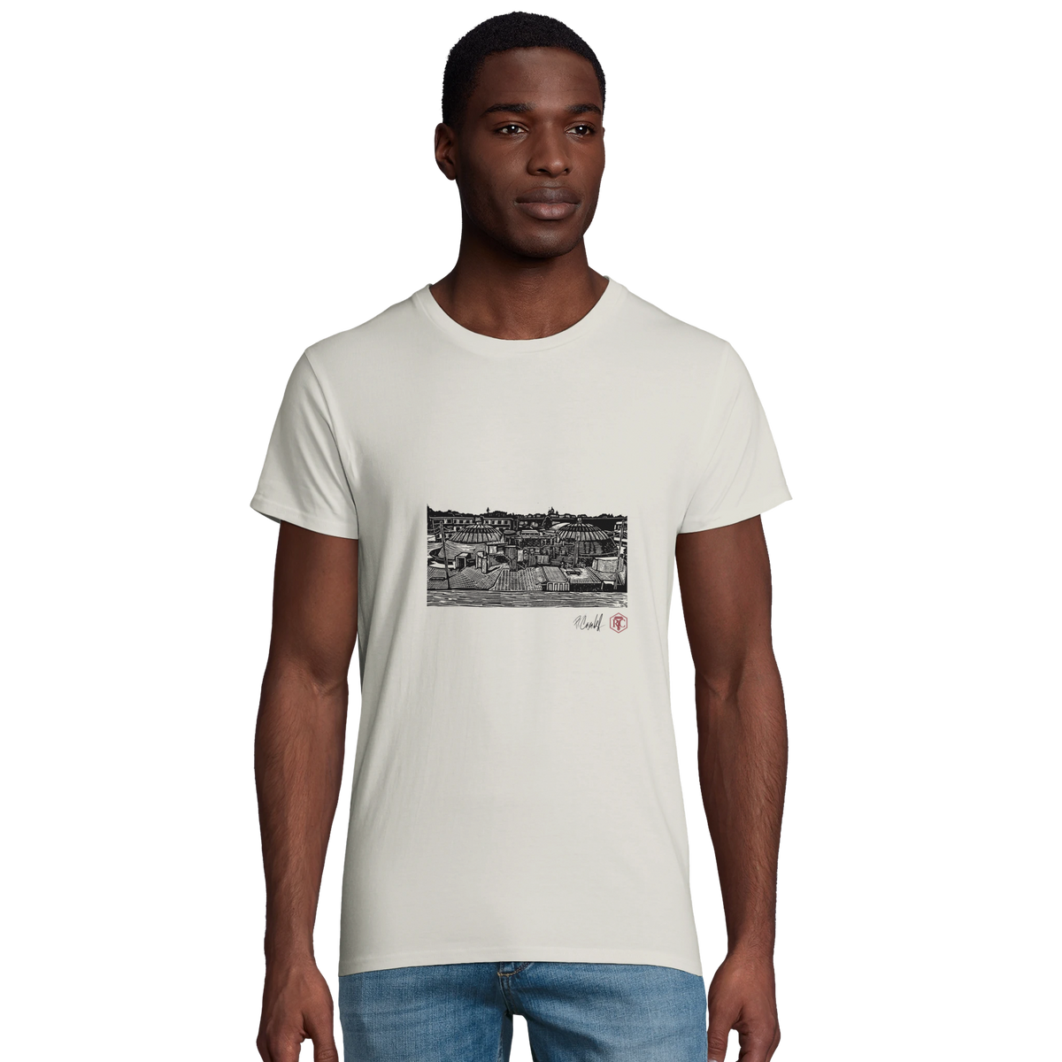Model wearing T-shirt “The Domes”, ash grey, men’s cut – front view