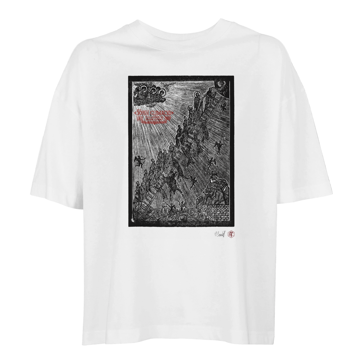 Organic cotton T-shirt with the linocut “The Ladder” – white, women’s cut