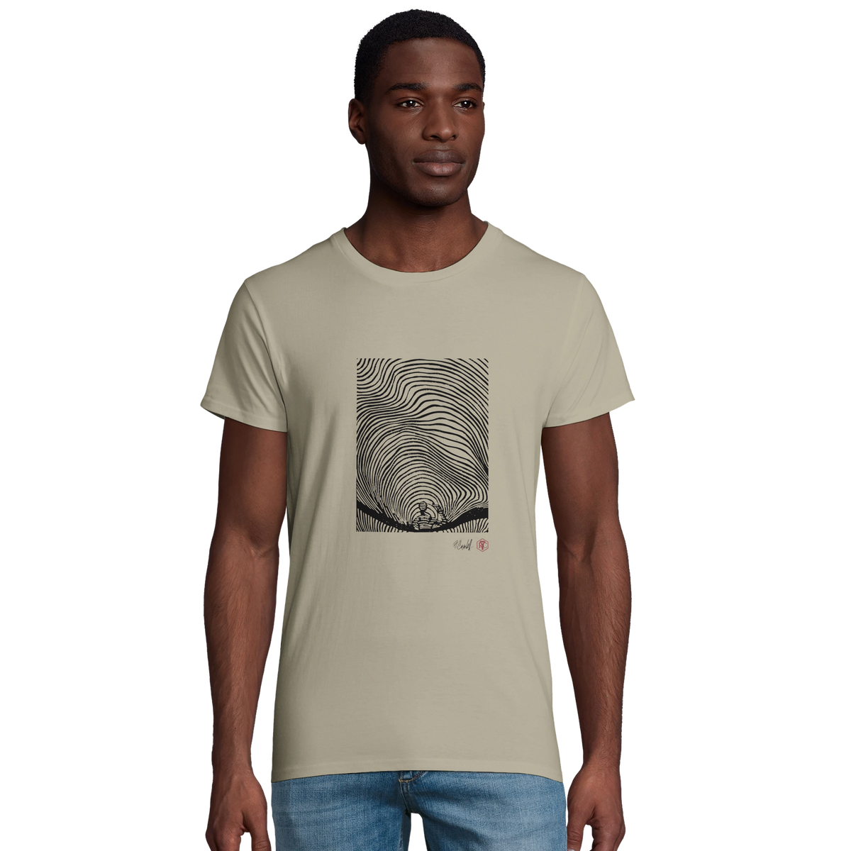 Model wearing T-shirt “Waves”, sand, men’s cut – front view