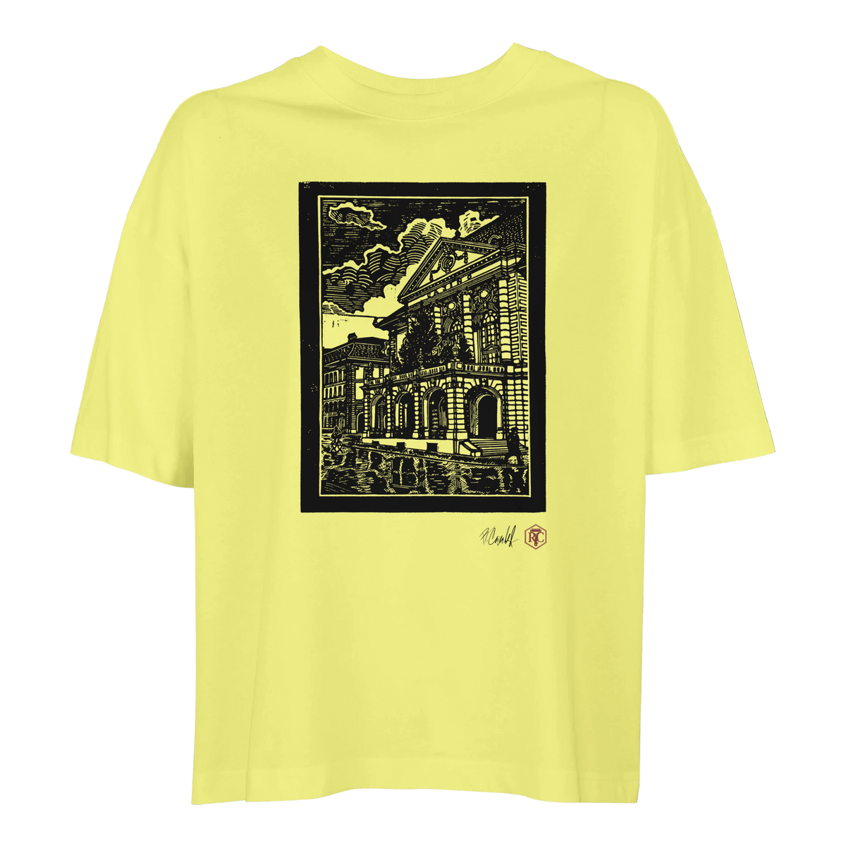 Organic cotton T-shirt with the linocut “Casino Bern” – light yellow, women’s cut