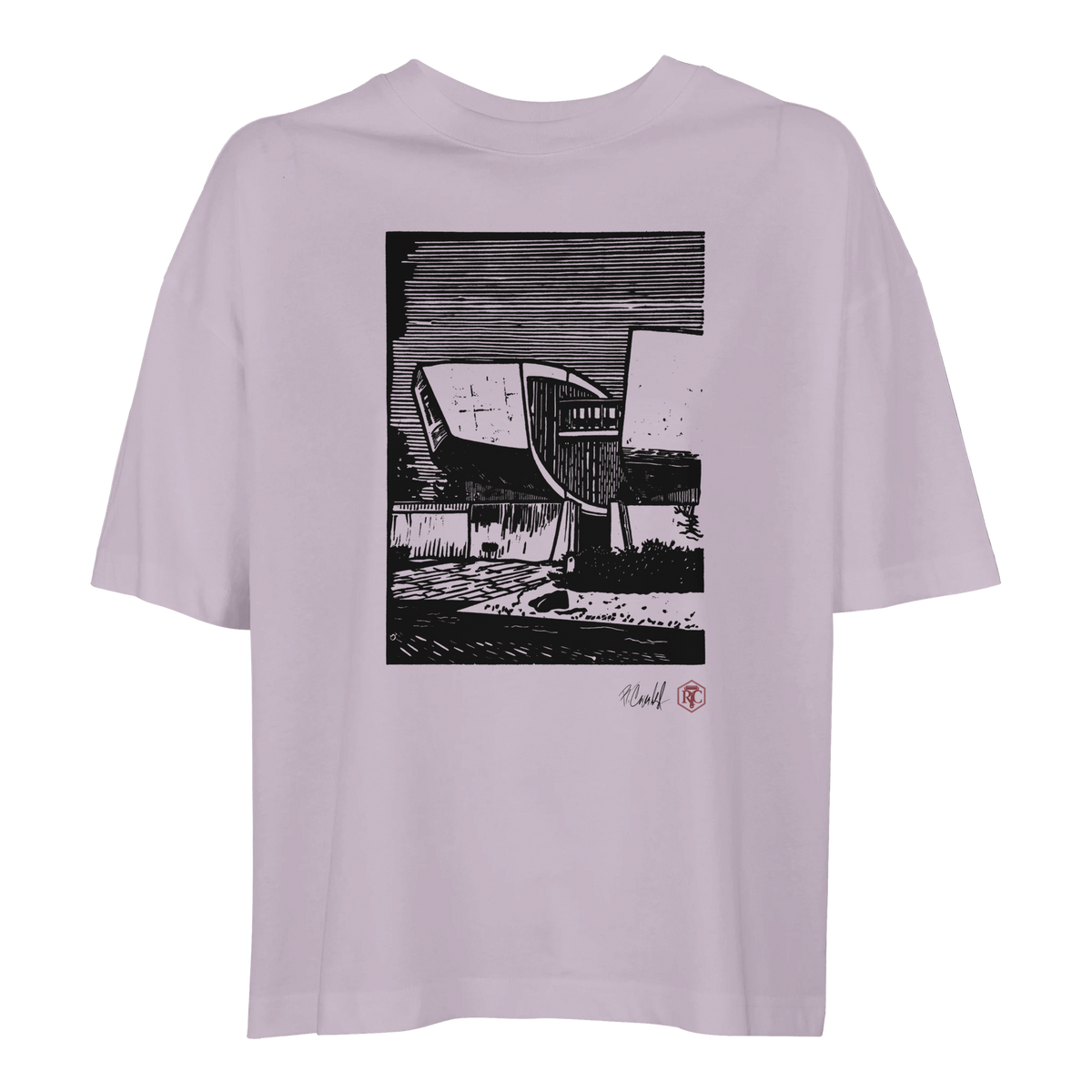 Organic cotton T-shirt with the linocut “SNP” – lilac, women’s cut