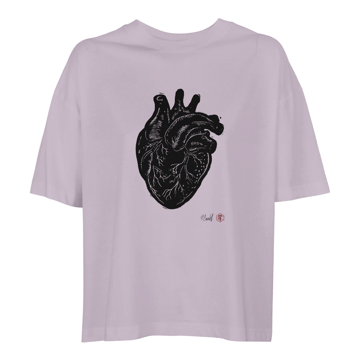 Organic cotton T-shirt with the linocut “Anatomical Heart” – lilac, women’s cut