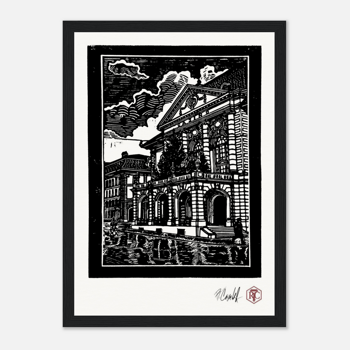Framed art print, black wooden frame, linocut “Casino Bern” – front view