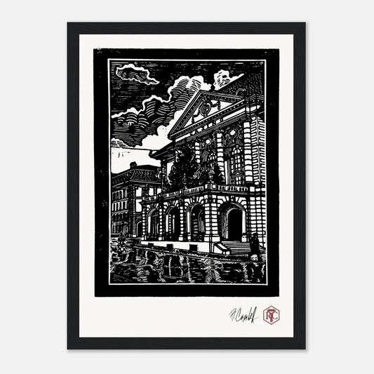 Framed art print, black wooden frame, linocut “Casino Bern” – front view