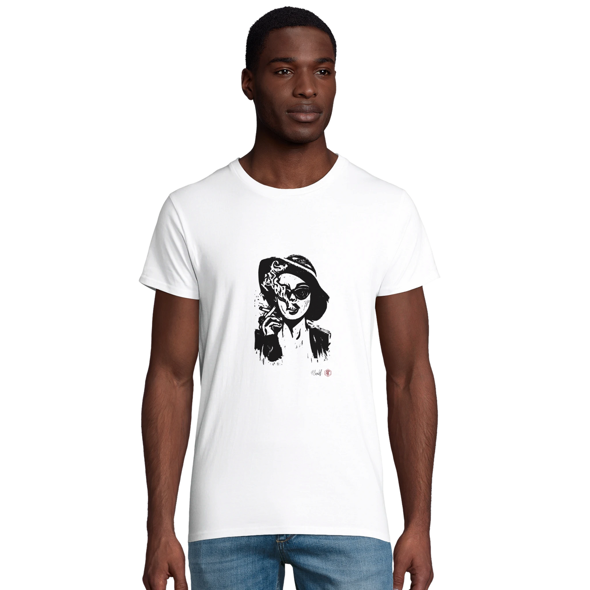 Model wearing T-shirt “Smoke”, white, men’s cut – front view