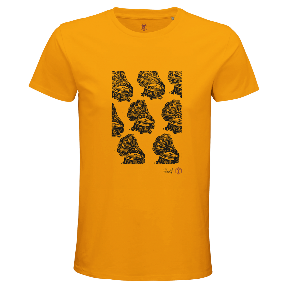 Organic cotton T-shirt with the linocut “Gramophones” – gold, men’s cut
