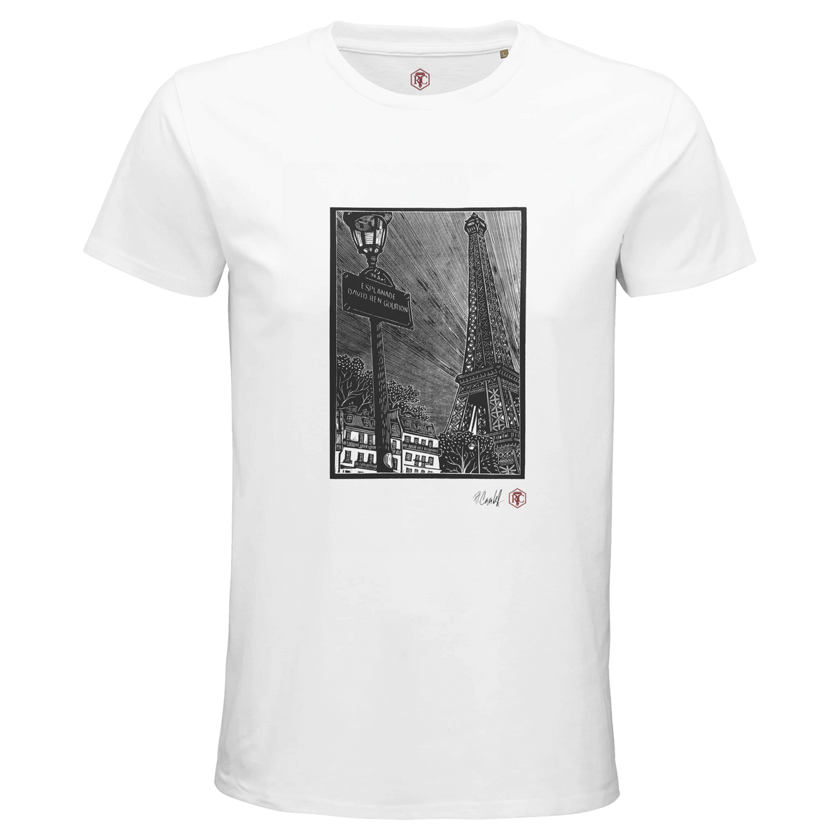 Organic cotton T-shirt with the linocut “Esplanade, Paris” – white, men’s cut