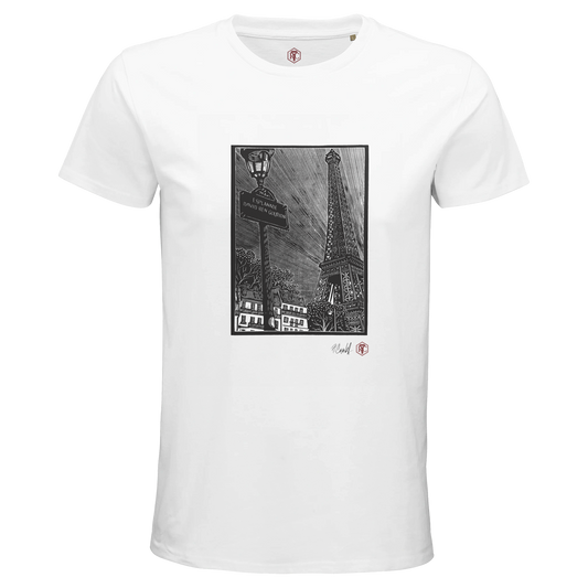 Organic cotton T-shirt with the linocut “Esplanade, Paris” – white, men’s cut