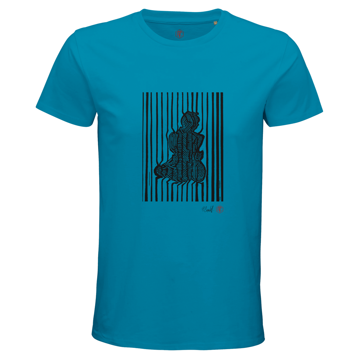 Organic cotton T-shirt with the linocut “Stripes” – aqua, men’s cut