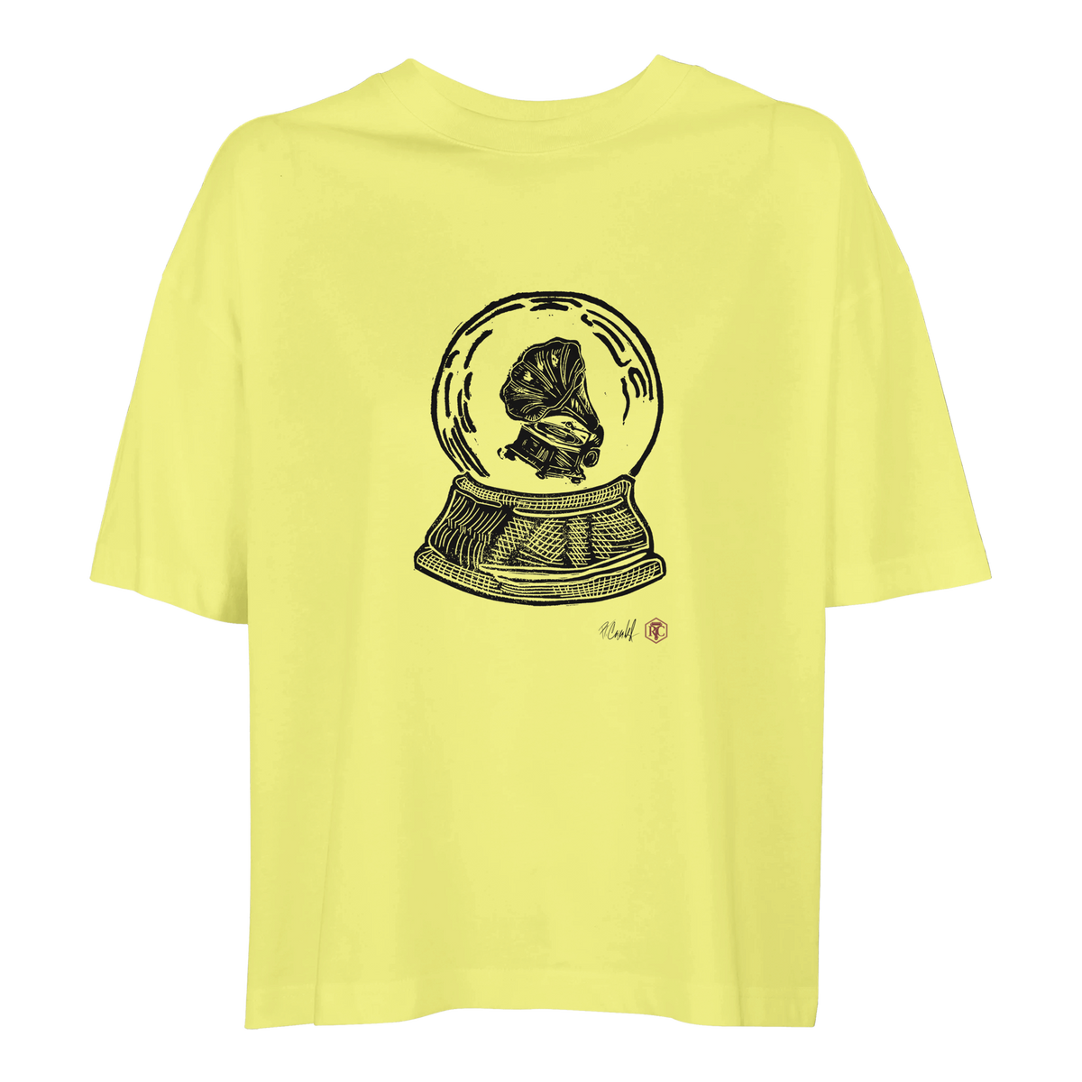 Organic cotton T-shirt with the linocut “Snow Globe Gramophone” – light yellow, women’s cut