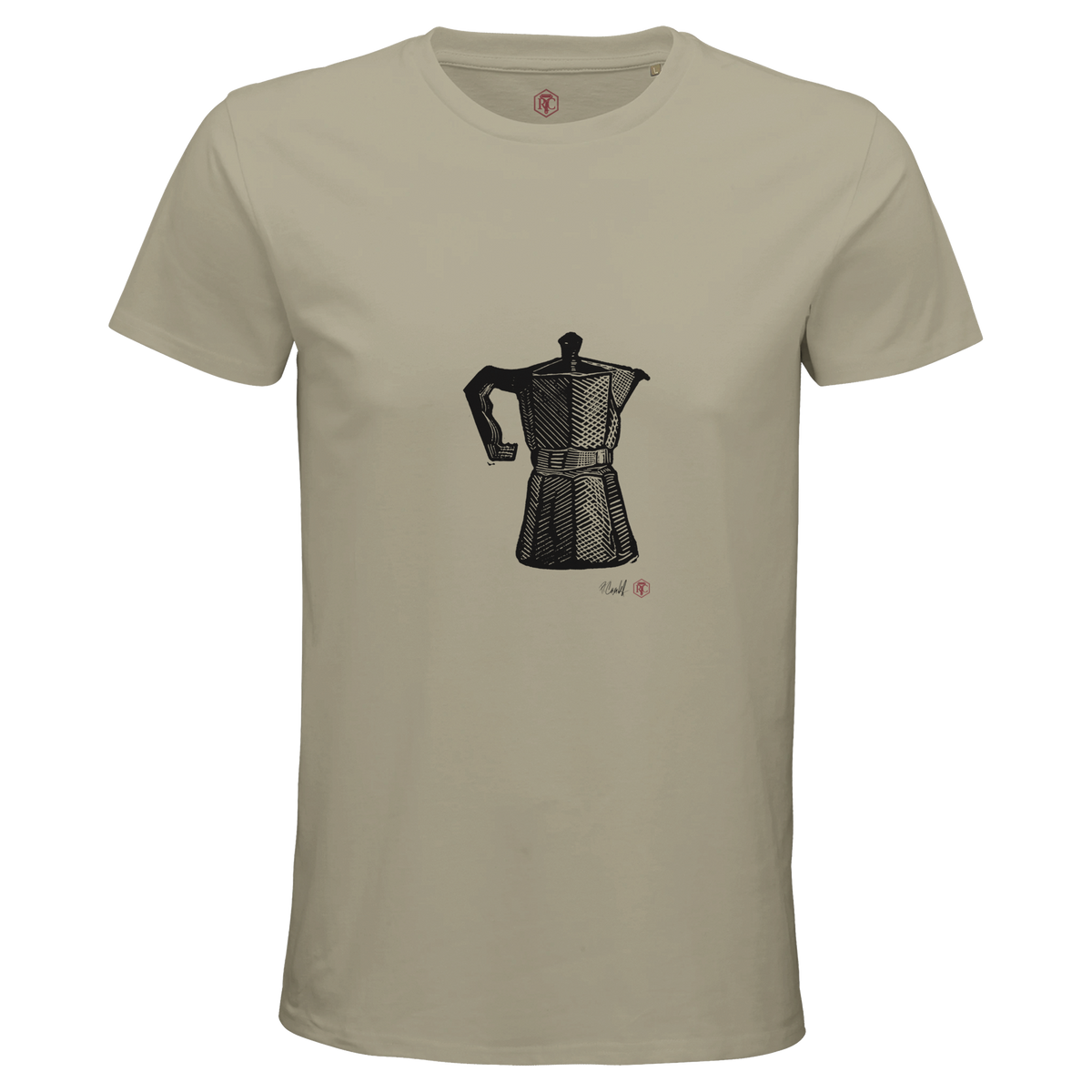 Organic cotton T-shirt with the linocut “Moka Pot” – sand, men’s cut