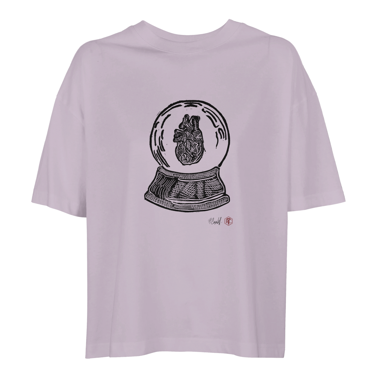 Organic cotton T-shirt with the linocut “Snow Globe Heart” – lilac, women’s cut