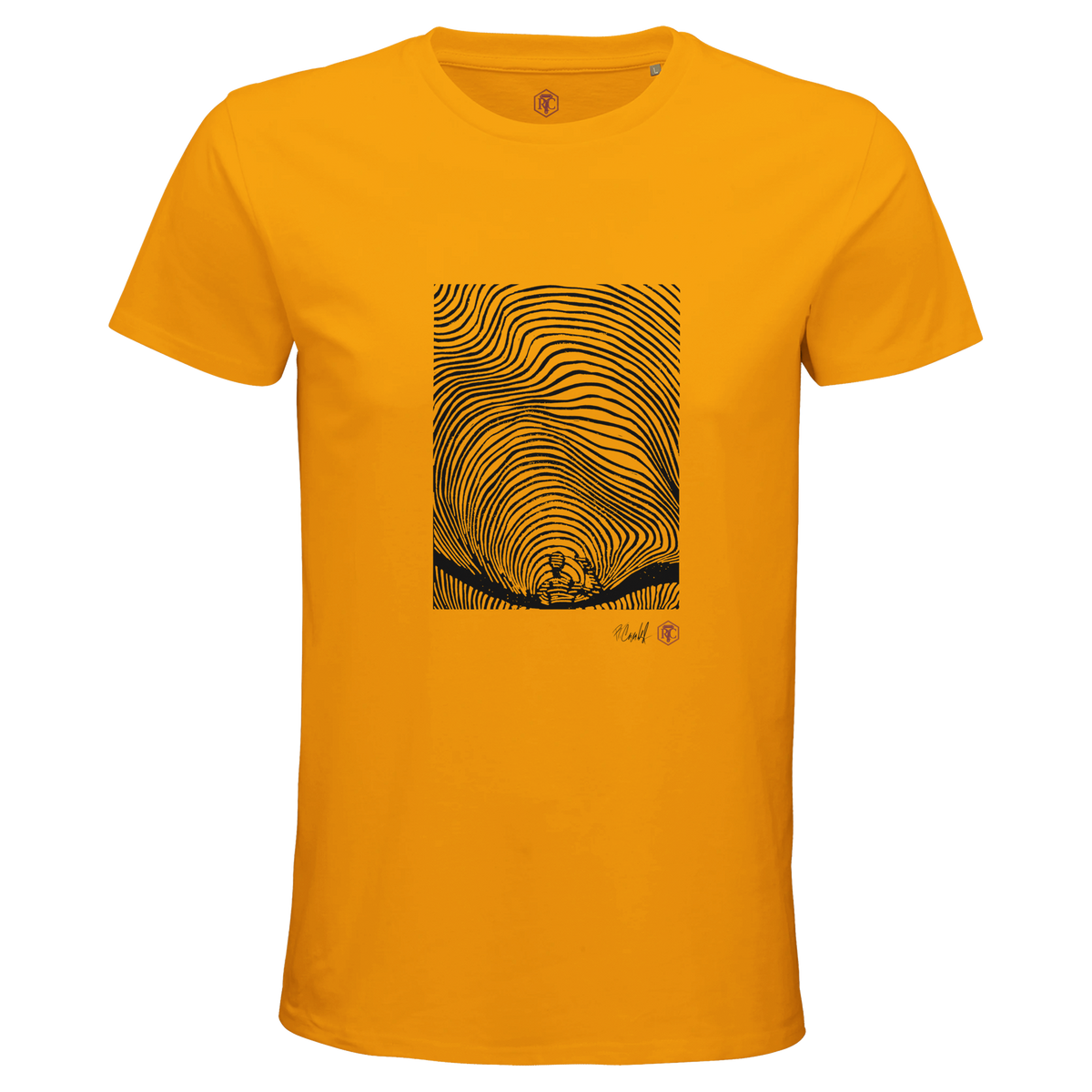 Organic cotton T-shirt with the linocut “Waves” – gold, men’s cut