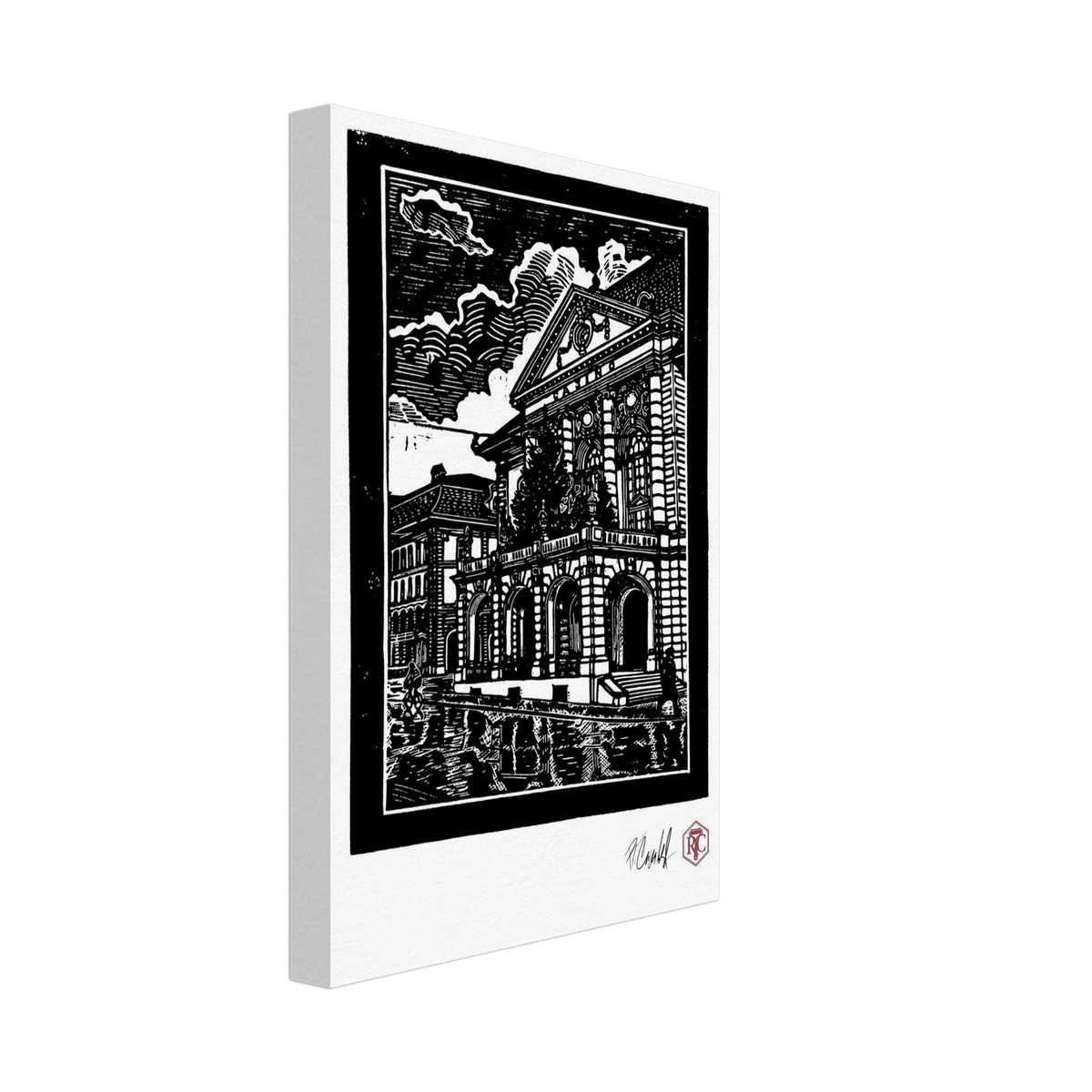 Canvas print with the linocut “Casino Bern” – side view
