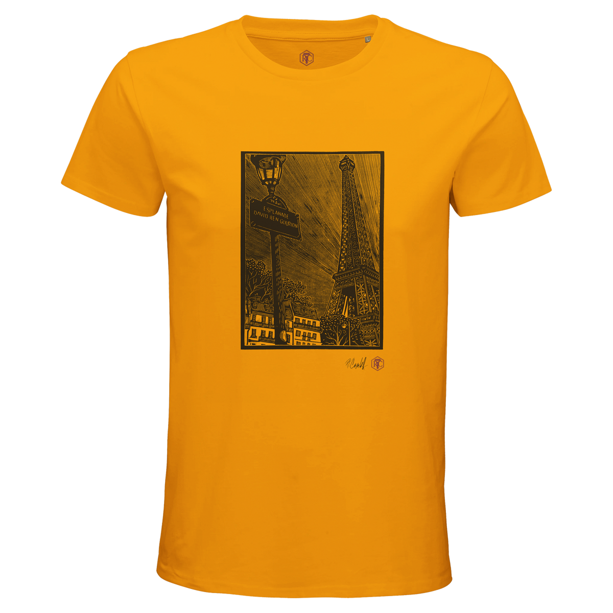 Organic cotton T-shirt with the linocut “Esplanade, Paris” – gold, men’s cut