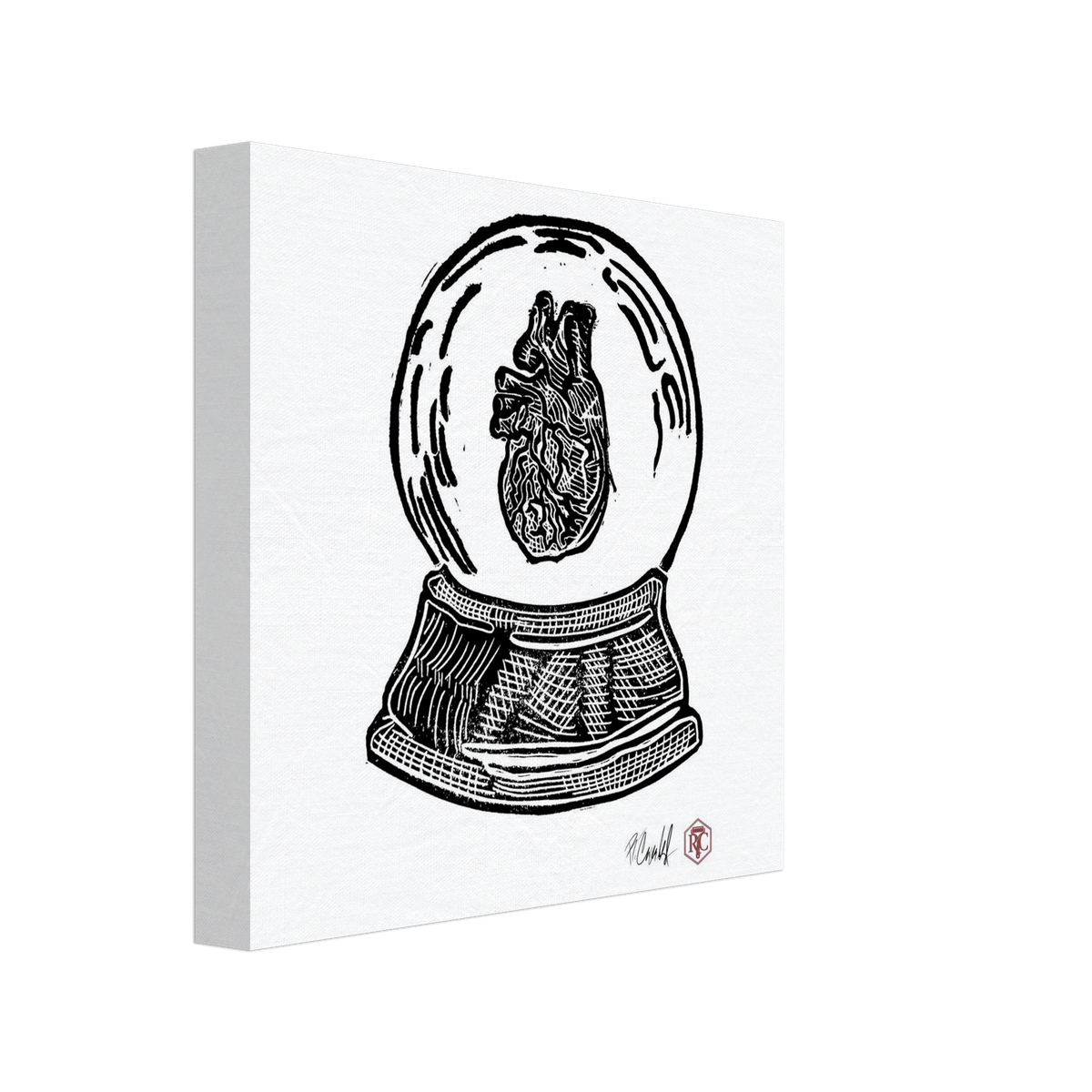 Canvas print 20 × 20 cm with the linocut “Snow Globe Heart” – front view