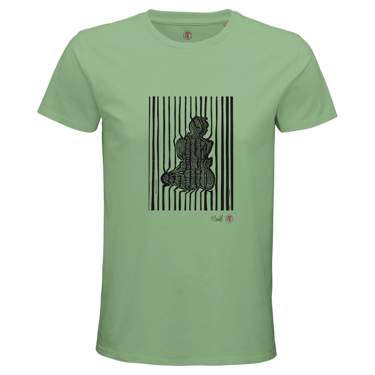 Organic cotton T-shirt with the linocut “Stripes” – apple green, men’s cut