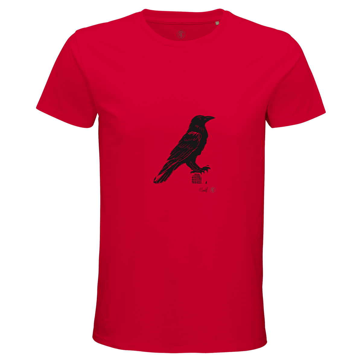 Organic cotton T-shirt with the linocut “Raven” – red, men’s cut