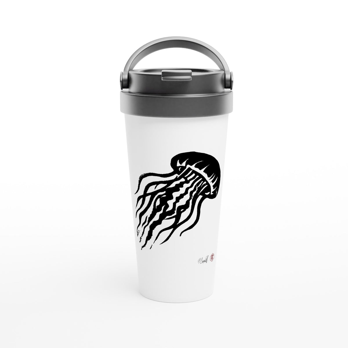 Stainless steel travel mug with the linocut “Jellyfish” – view 1