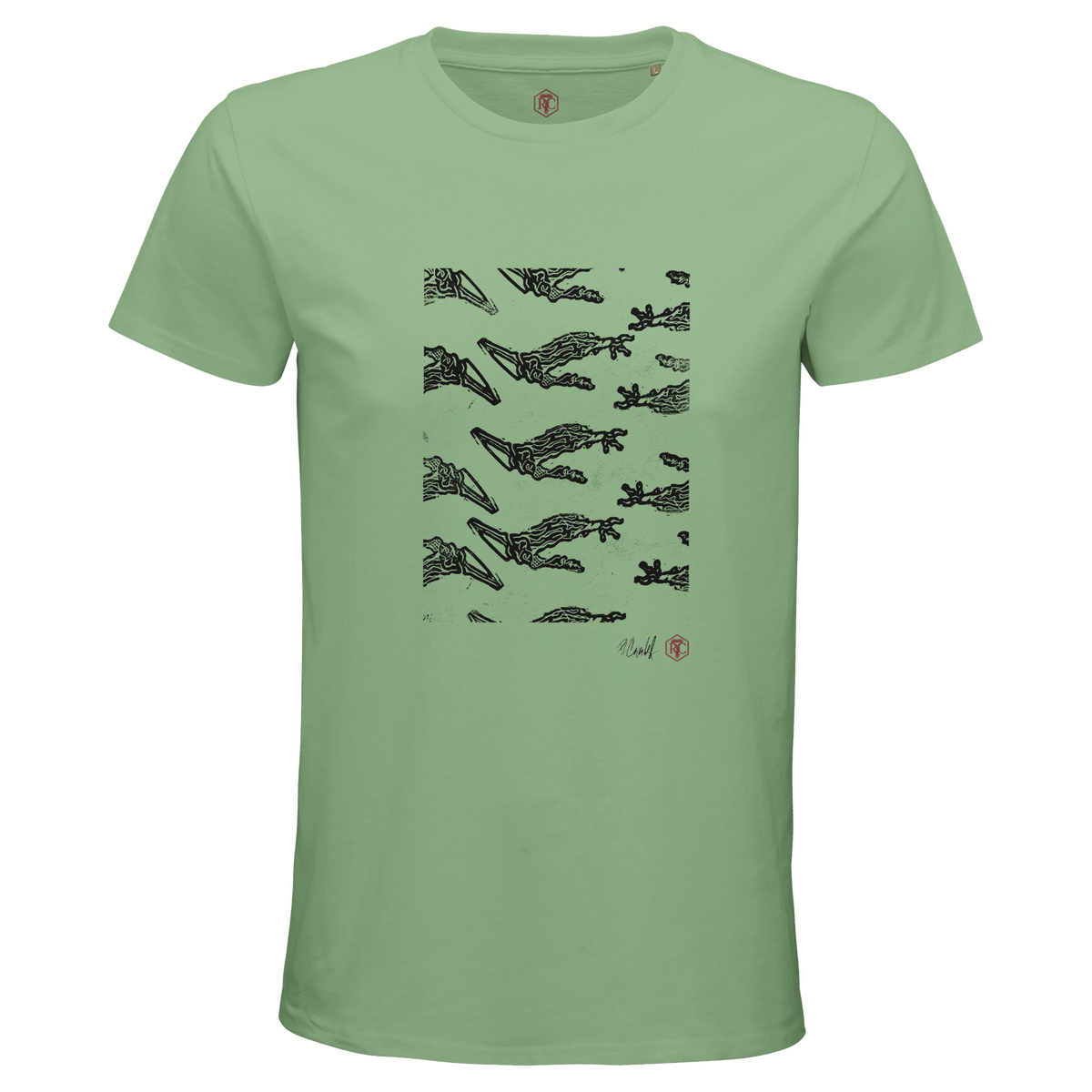 Organic cotton T-shirt with the linocut “Claws” – apple green, men’s cut